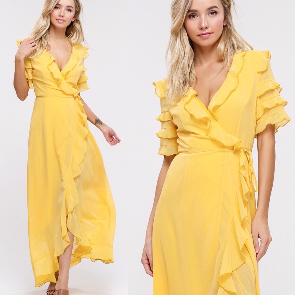 021 Boho Mustard yellow Ruffle Wrap Maxi Dress - Picture 1 of 4
